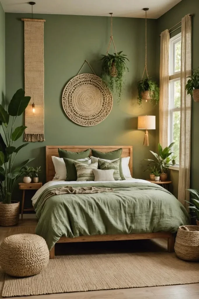 19 Green Bedroom Ideas That Are So Cozy & Chic You’ll Want to Redecorate This Weekend 11 Olive Green Boho Bedroom