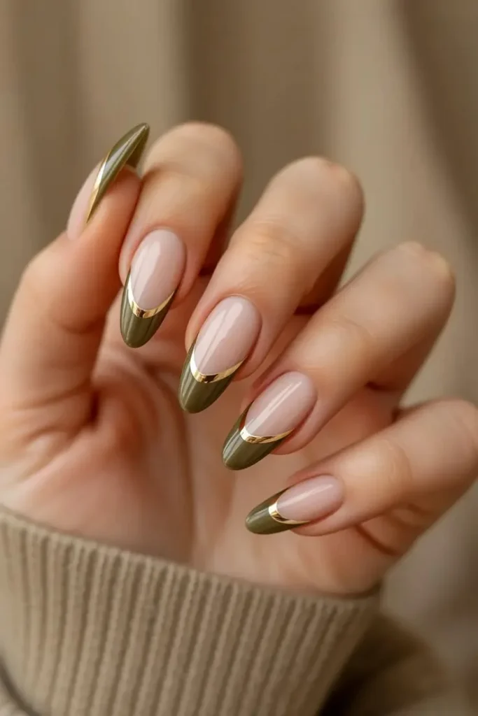 13 Fall Aesthetic Nails That Make Every Autumn Outfit Feel More Put Together 5 Olive Green and Gold Nails
