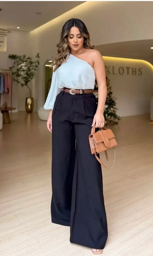 Plans Tonight? These 14 Going Out Fall Outfits Have You Covered 3 One Sleeve Top With Dark Flare Trousers