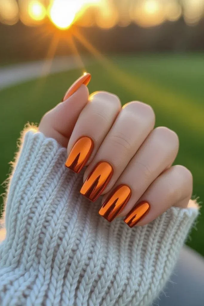 13 Fall Orange Nails That Make Autumn Feel Extra Cozy 8 Orange Chrome Nails