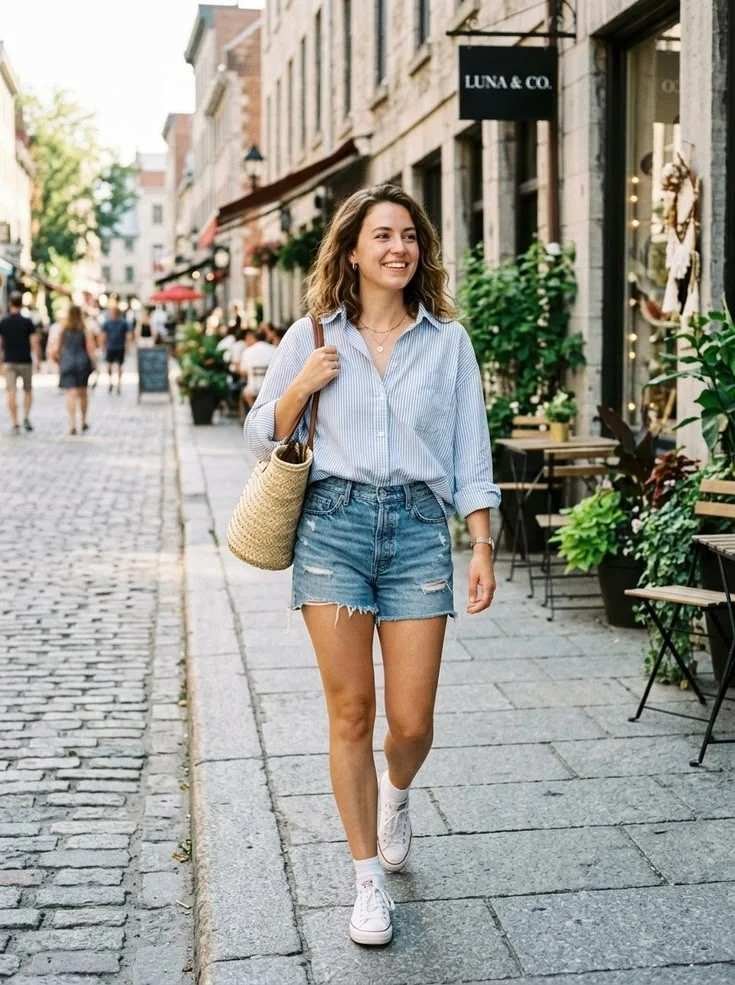 15 Early Fall Outfits That Make the Seasonal Style Switch Feel Effortless 2 Oversized Button Down With Denim Shorts