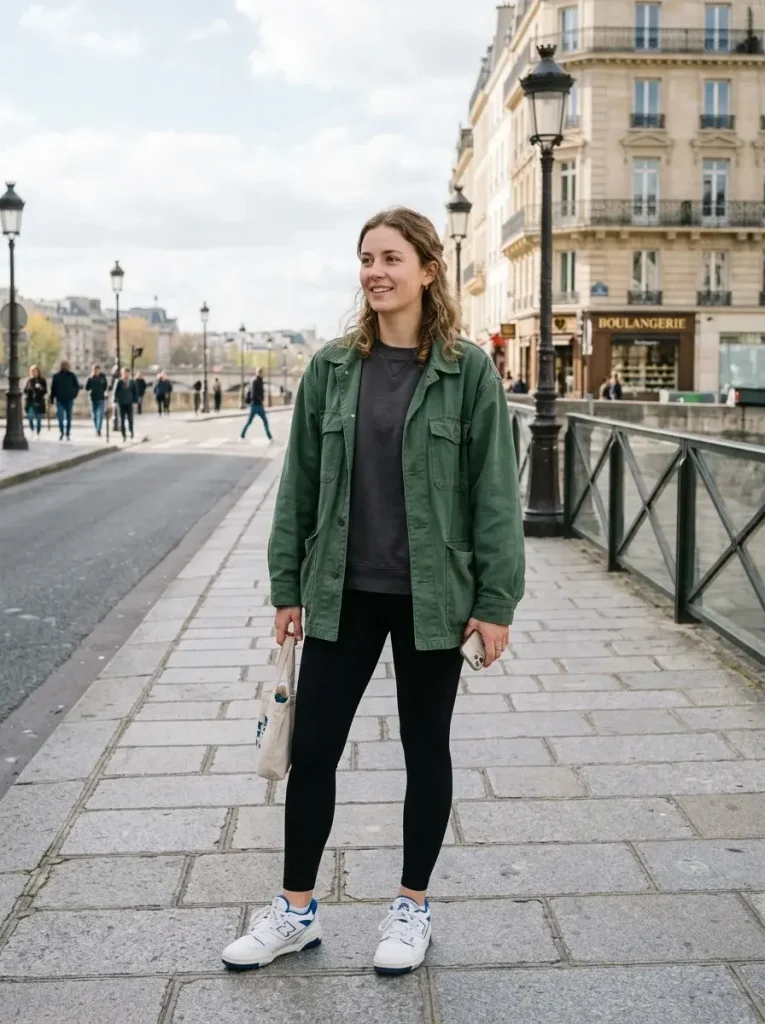14 Jean Jacket Outfits for Fall (Sorted by What Your Day Actually Looks Like) 3 Oversized Jacket Leggings Sneakers