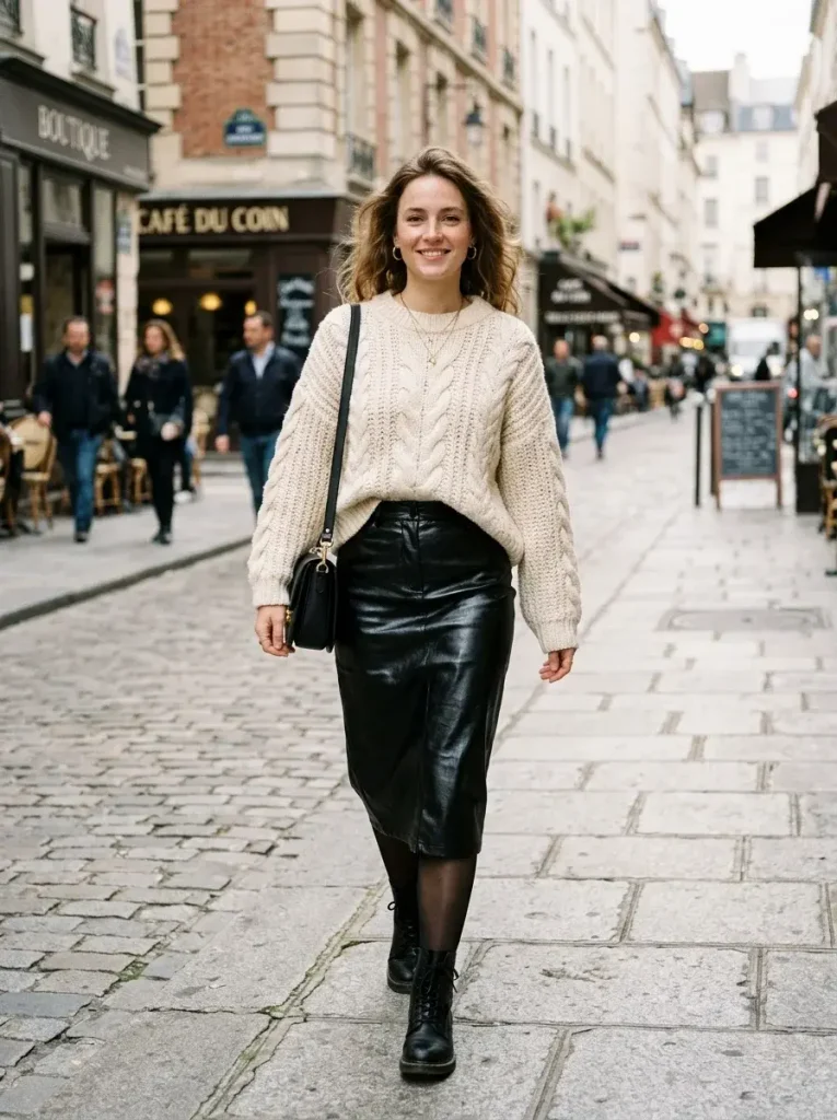 14 Edgy Fall Outfits That'll Make Your Closet Actually Interesting 12 Oversized Knit With Vinyl or Faux Leather Skirt