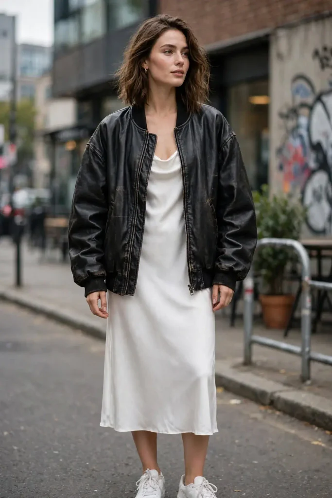 14 Edgy Fall Outfits That'll Make Your Closet Actually Interesting 2 Oversized Leather Jacket Over a Slip Dress