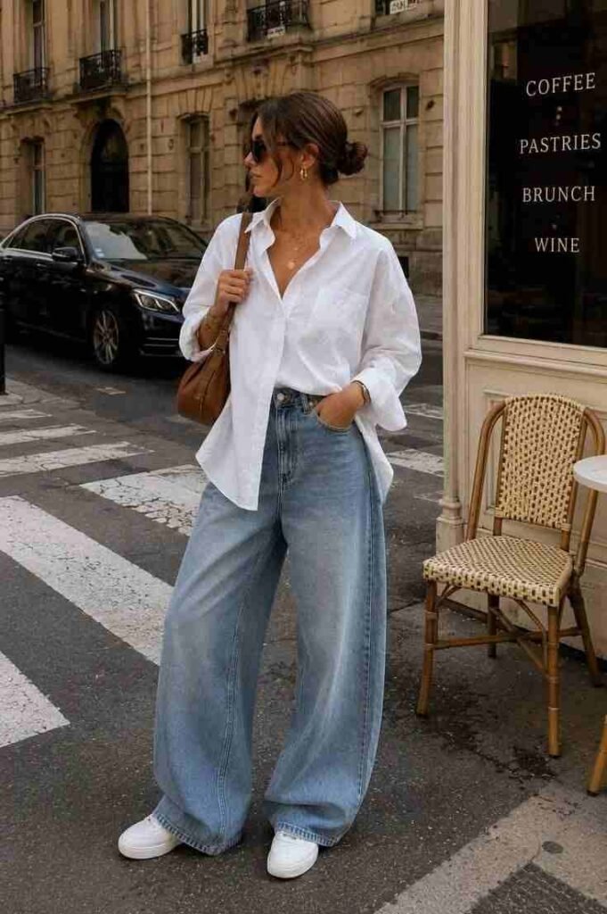 Covered, Comfortable, and So Stylish: 16 Modest Fall Outfits 10 Oversized Oxford Shirt With Palazzo Jeans