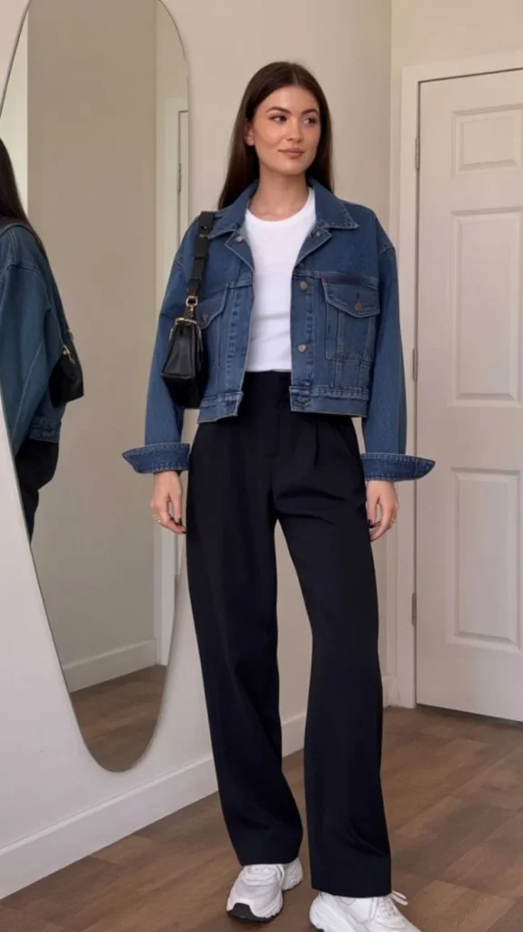 The Denim Layer You’ll Keep Reaching For: 14 Jean Jacket Outfits Fall Is Made For 9 Patchwork Jean Jacket With Plain Black Trousers
