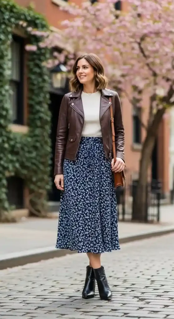 One Jacket, So Many Moods: 15 Leather Jacket Fall Outfits 10 Patchwork Leather Jacket With a Plain Slip Skirt