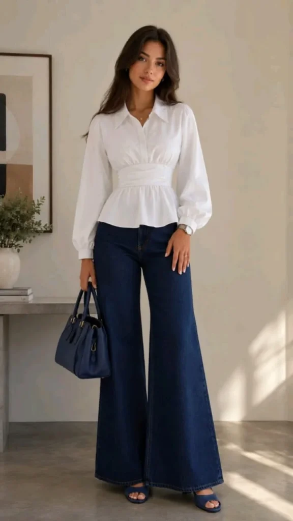 Easy Layers, Great Fits: 14 Midsize Fall Outfits That Feel So Good 6 Peplum Blouse With Dark Bootcut Jeans
