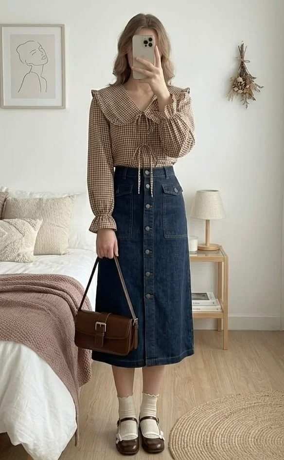 Covered, Comfortable, and So Stylish: 16 Modest Fall Outfits 7 Peter Pan Blouse With a Corduroy Maxi Skirt