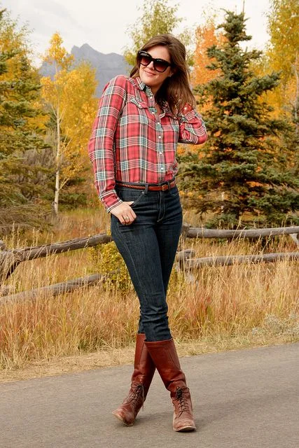 17 Fall Outfits with Boots That Make Getting Dressed Feel So Much Easier 11 Plaid Shirt Skinny Jeans and Tall Boots