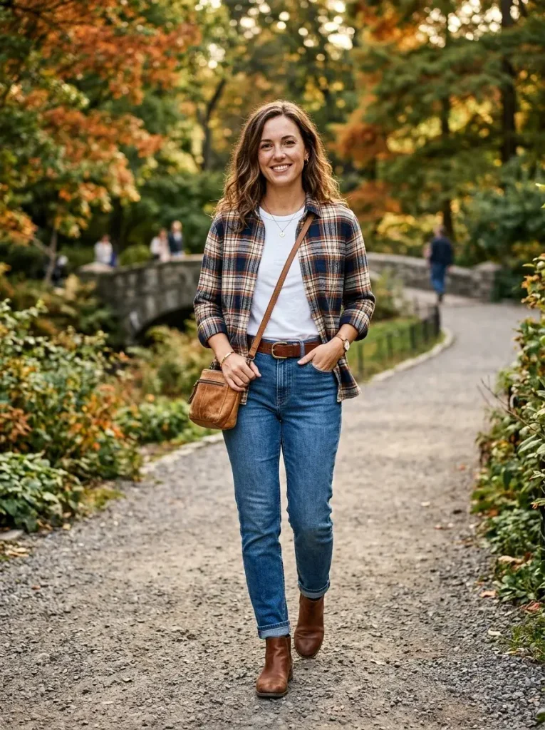 15 Casual Fall Outfits That Look Effortlessly Stylish for Everyday Days 7 Plaid Shirt With a Basic Tee and Denim