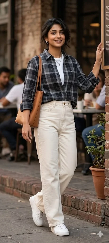 16 Fall Winter Outfits That Make Cold-Weather Dressing Feel Effortless 10 Plaid Shirt With a Basic Tee