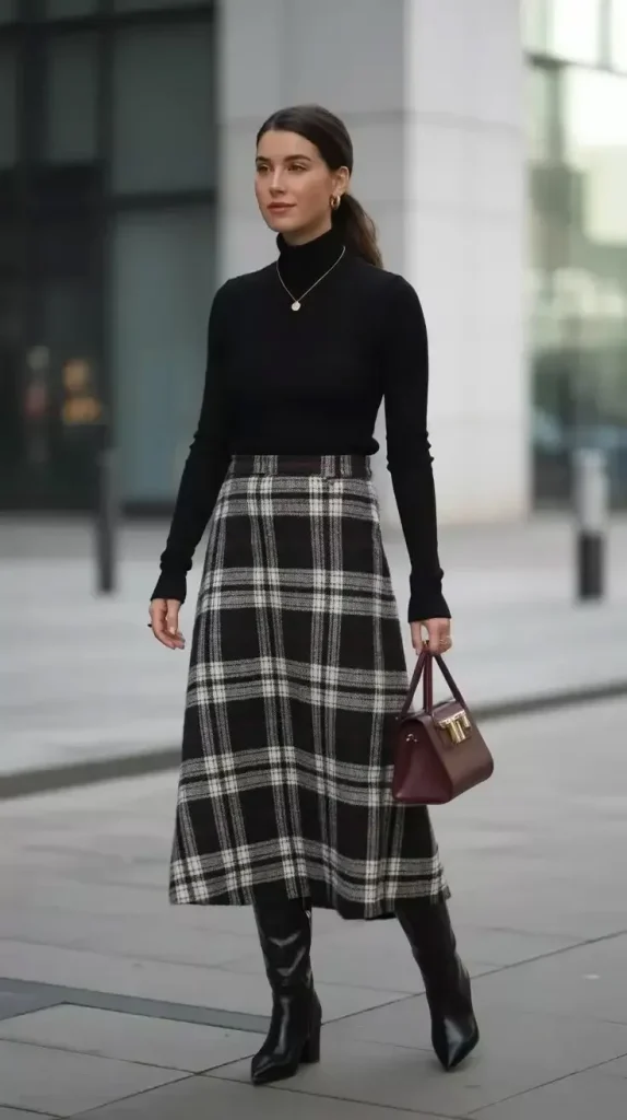 15 Fall Outfits Skirt Lovers Can Wear for an Effortlessly Chic Season 4 Plaid Skirt With a Black Turtleneck