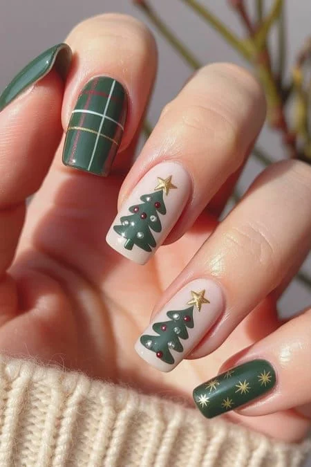 Festive Details That Make These 17 Christmas Tree Nails So Charming 16 Plaid and Christmas Tree Nails