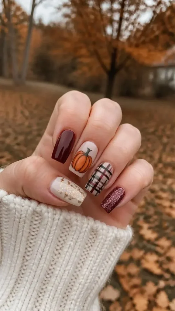 14 Fall Pumpkin Nails That Make Autumn Manicures Feel Extra Cozy 10 Plaid and Pumpkin Nails