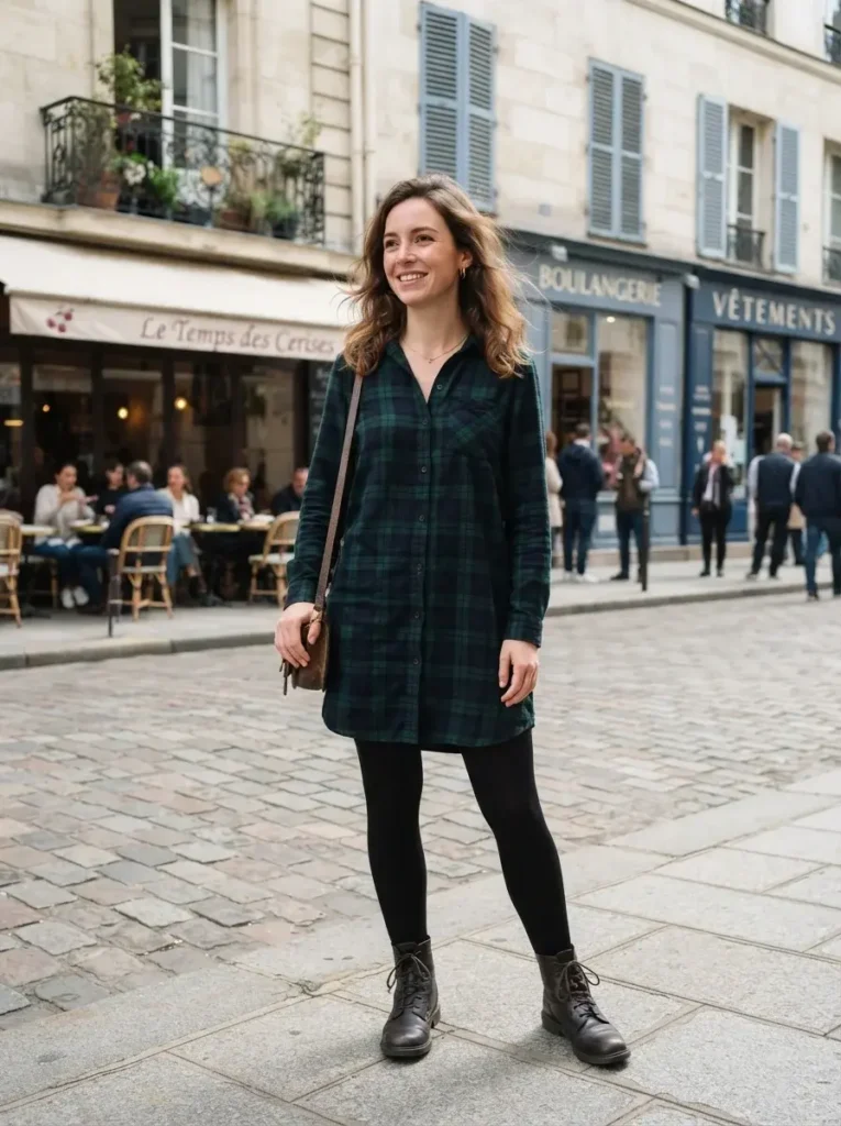 14 Midsize Fall Outfits That Actually Fit Real Life 15 Plaid shirt dress or shacket leggings ankle boots