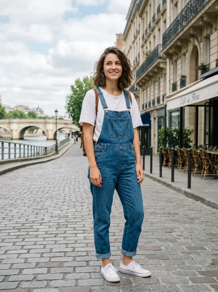 Plain tee under overalls