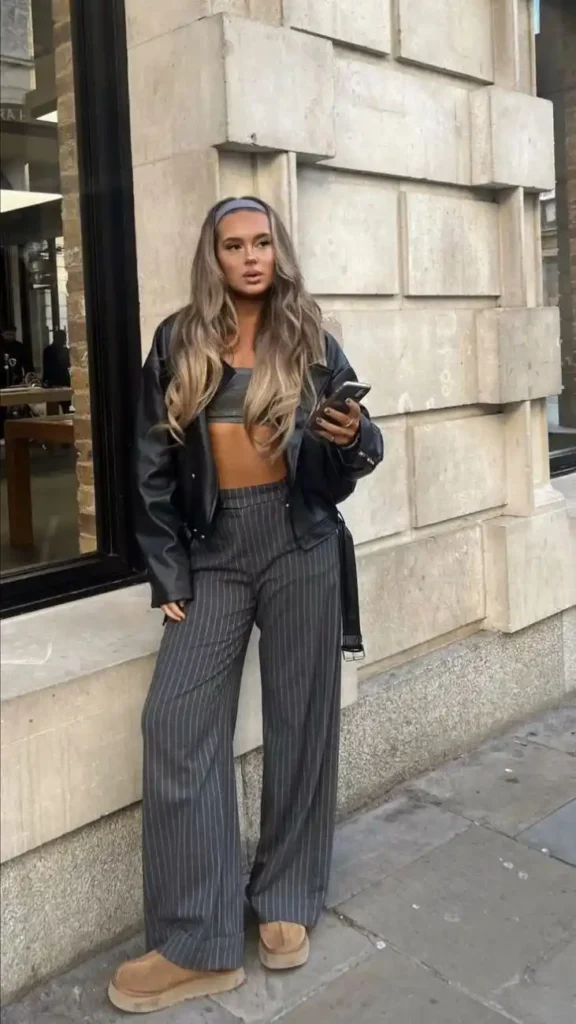 Cozy Shoes, Better Outfits: 15 Uggs Fall Outfits You’ll Live In 3 Platform Uggs With Baggy Pinstripe Pants
