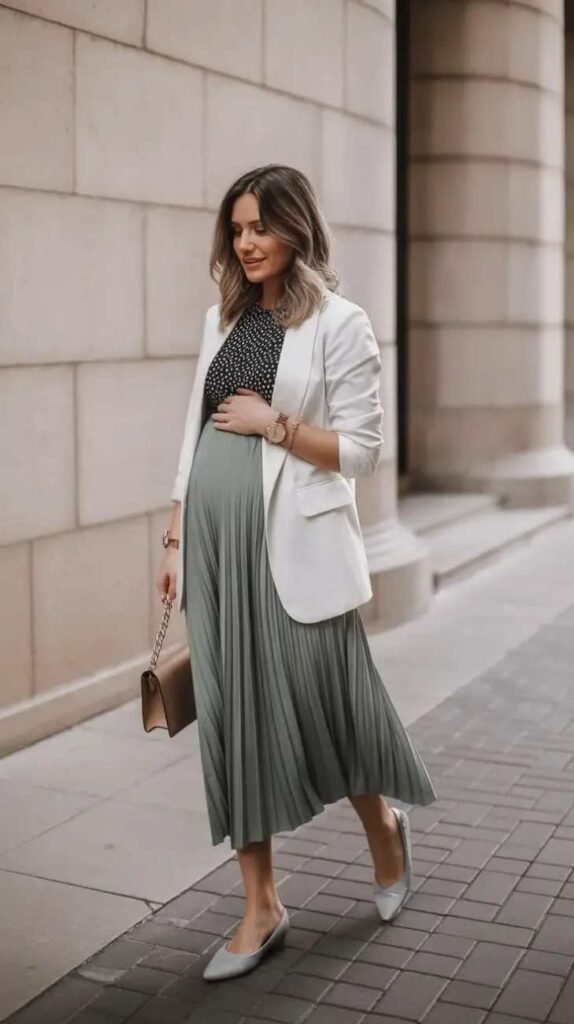 Cozy Looks That Make Room for You: 14 Pregnant Fall Outfits 12 Pleated Maternity Skirt With a Collarless Blouse