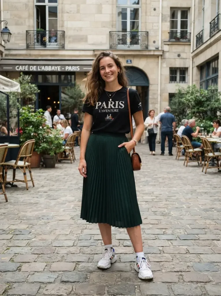 15 College Fall Outfits, Built From 5 Formulas You'll Actually Reuse 9 Pleated Midi Skirt Graphic Tee Chunky Sneakers 765x1024 1