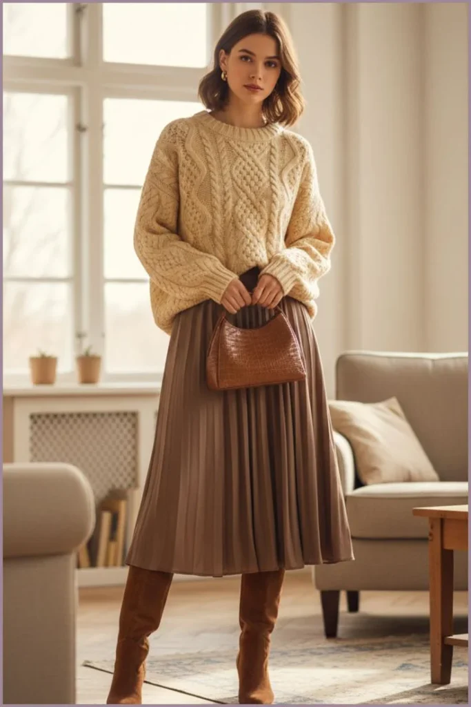 17 Fall Outfits with Boots That Make Getting Dressed Feel So Much Easier 12 Pleated Midi Skirt Sweater and Ankle Boots