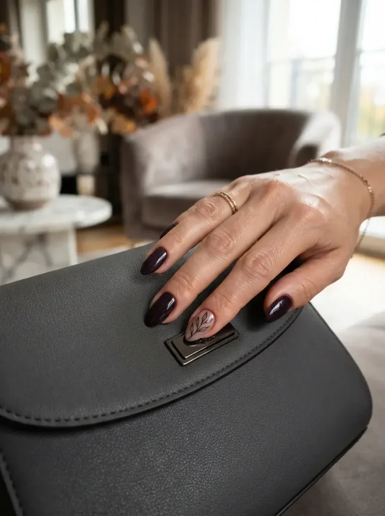 Plum with a Single Line Art Accent Fall Almond Nails