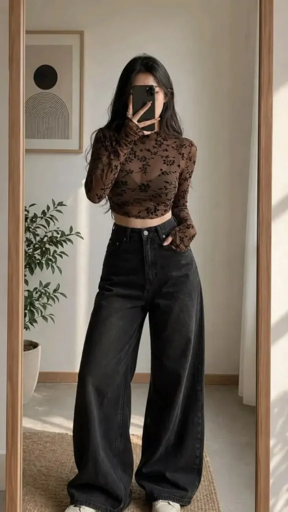 From Early Classes to Late Coffee Runs: 15 College Fall Outfits 12 Printed Mesh Top With Baggy Jeans