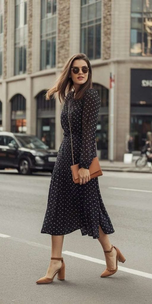 Workday Style Made Simple: 17 Office Fall Outfits to Wear on Repeat 14 Printed Midi Dress With Oxford Shoes