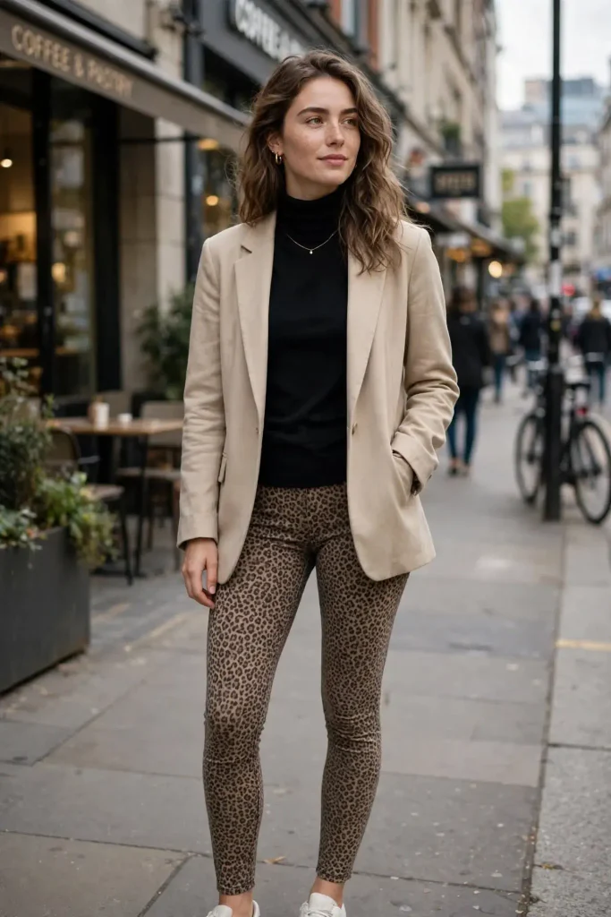 Printed leggings a subtle leopard or houndstooth a plain black turtleneck and a blazer