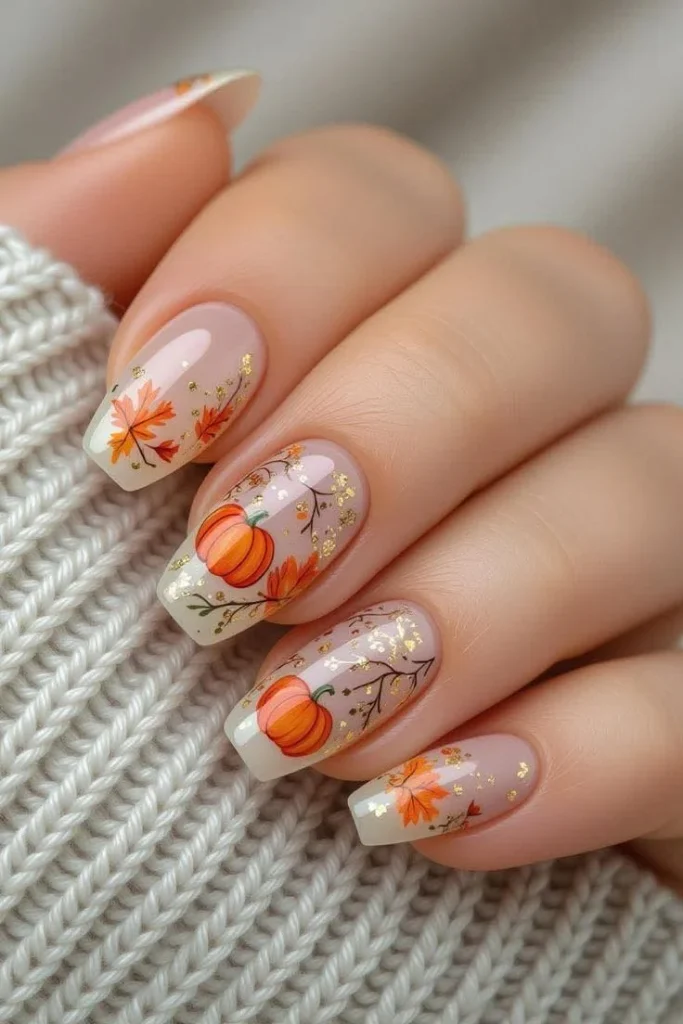 14 Fall Pumpkin Nails That Make Autumn Manicures Feel Extra Cozy 13 Pumpkin Nails With Autumn Leaves