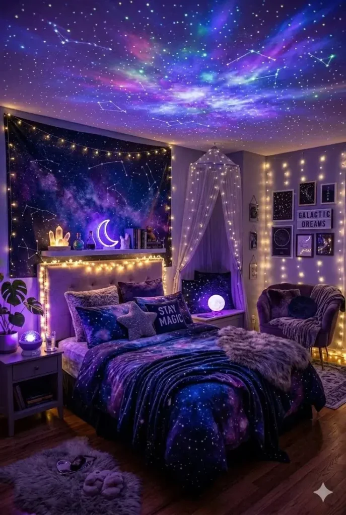 20 Teen Girl Bedroom Ideas So Cute You’ll Want to Redecorate This Weekend 9 Purple Galaxy Bedroom