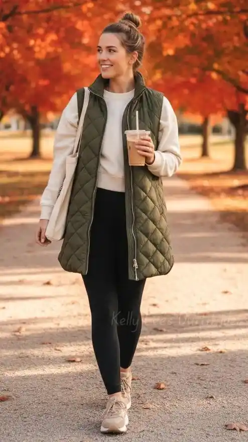 Leggings, But Make It Fall: 14 Fall Outfits Leggings Lovers Will Live In 5 Quilted Vest Over a Sweatshirt