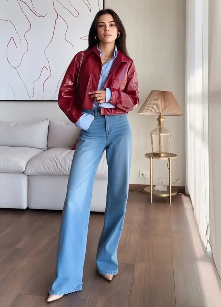 One Jacket, So Many Moods: 15 Leather Jacket Fall Outfits 8 Red Leather Jacket With an All Navy Base