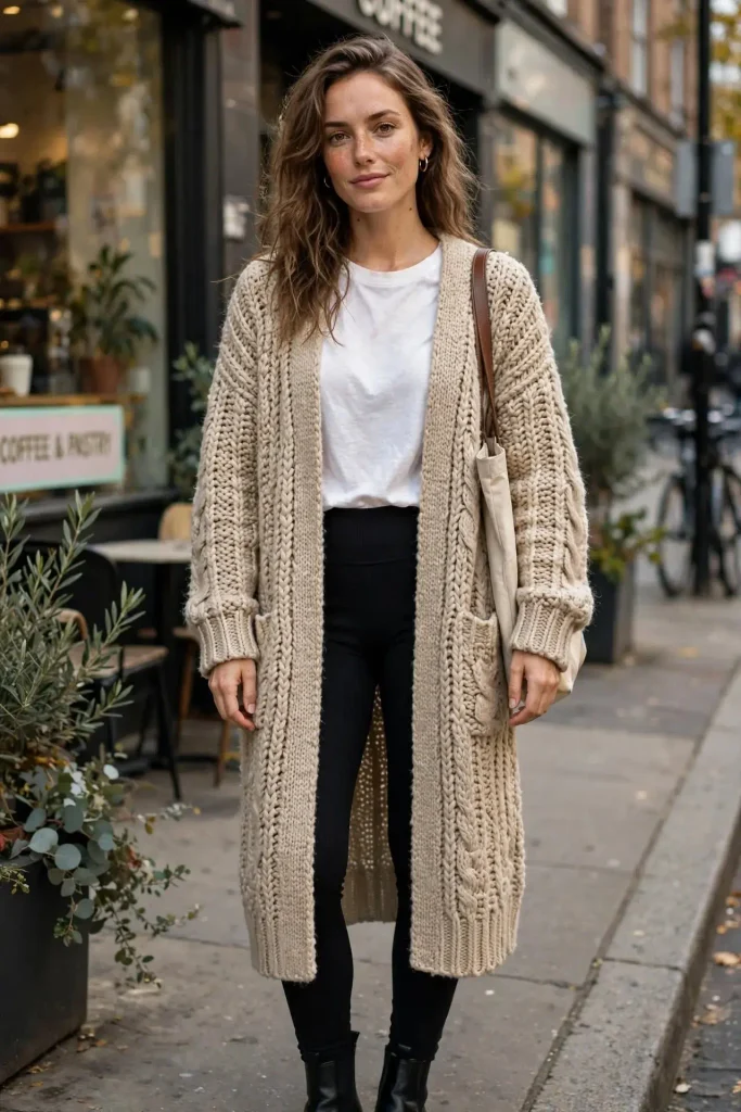 Ribbed leggings a long cardigan and a simple gold hoop