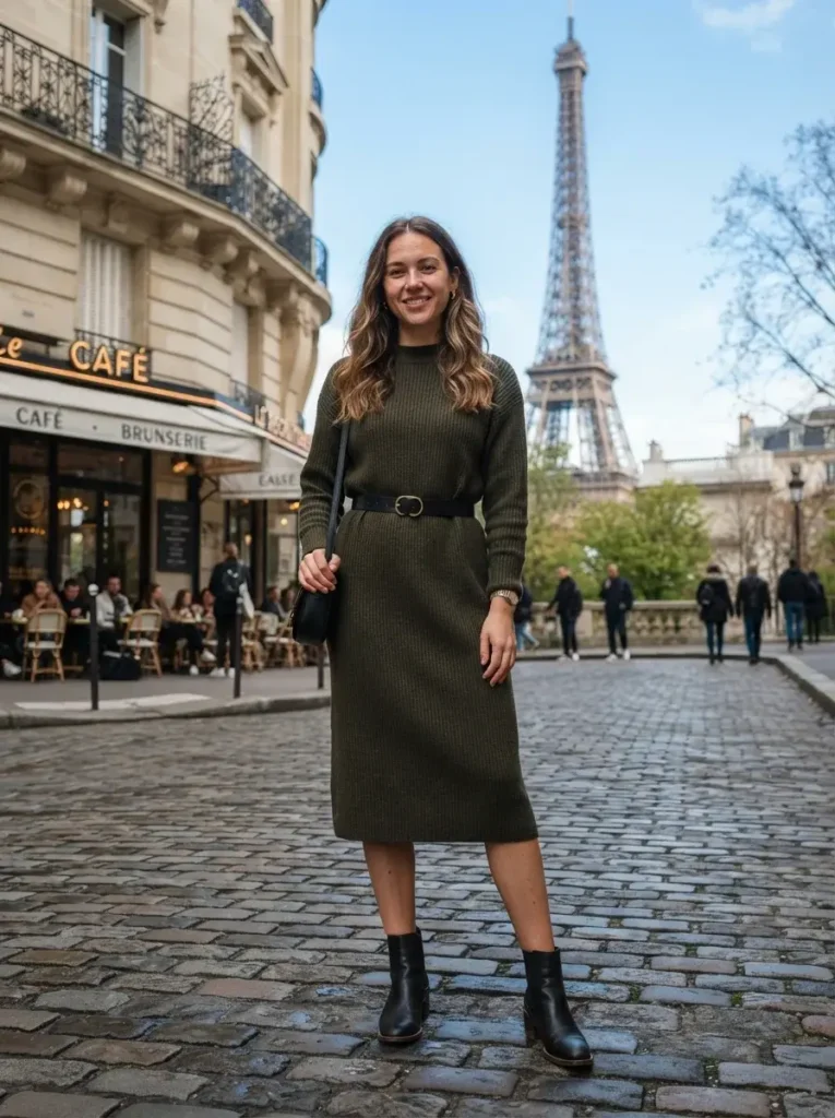 14 Midsize Fall Outfits That Actually Fit Real Life 4 Ribbed midi sweater dress belt optional ankle boots