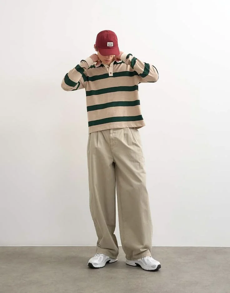 Cooler Weather, Sharper Fits: 13 Men Streetwear Fall Outfits 5 Rugby Jersey With Loose Khaki Pants