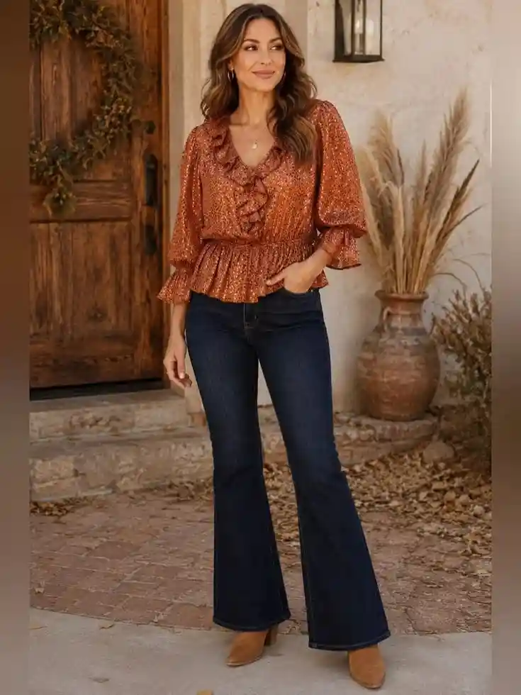 Cute, Cozy, and Photo-Ready: 13 Fall Outfits Pumpkin Patch Days Deserve 3 Rust Peasant Blouse With Flared Jeans