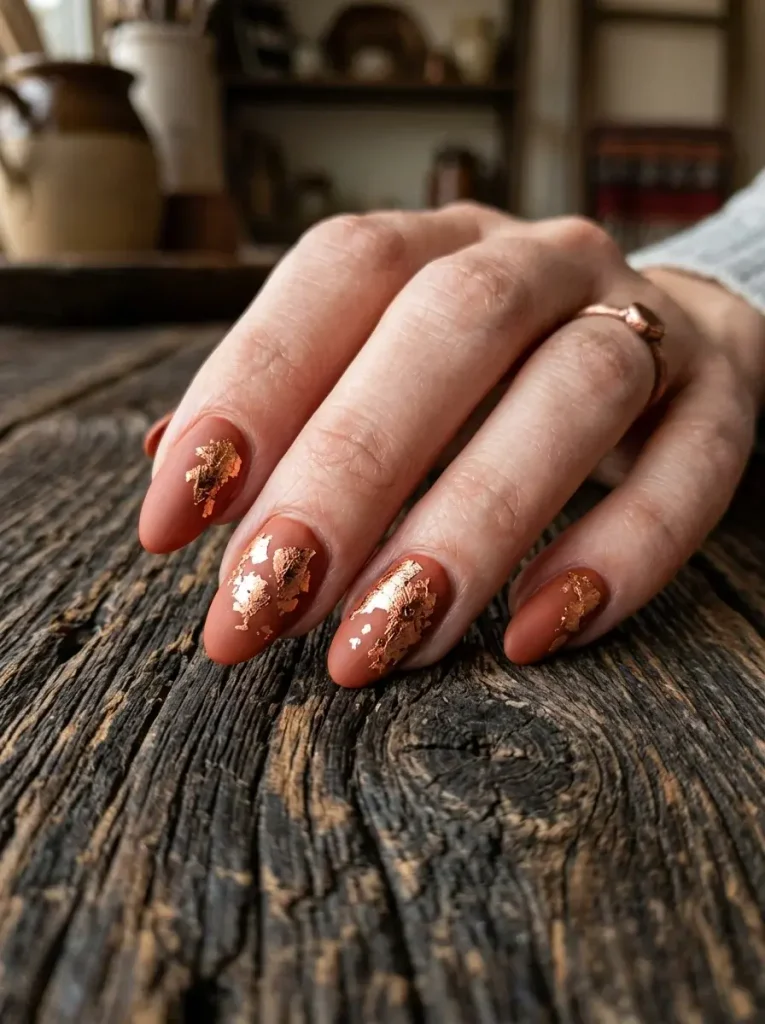 16 Cute Fall Nails That Will Make Your Autumn Manicure Look Cozy and Trendy 12 Rustic Copper Foil Accents