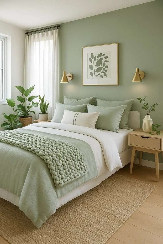 19 Green Bedroom Ideas That Are So Cozy & Chic You’ll Want to Redecorate This Weekend 6 Sage Green Minimalist Bedroom