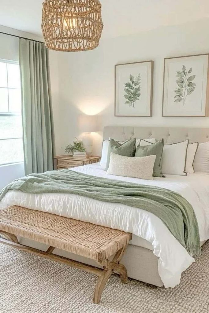 19 Green Bedroom Ideas That Are So Cozy & Chic You’ll Want to Redecorate This Weekend 1 Sage Green Walls Cream Bedding