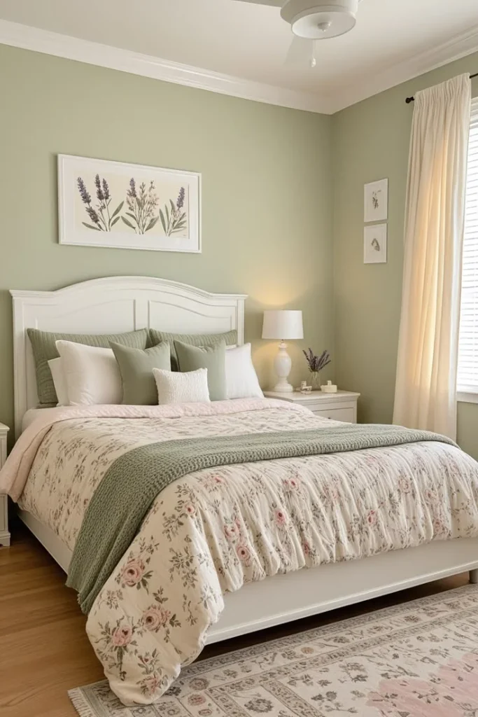 19 Green Bedroom Ideas That Are So Cozy & Chic You’ll Want to Redecorate This Weekend 19 Sage Green White Cozy Bedroom