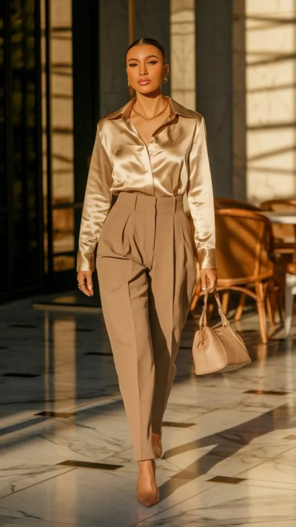 Workday Style Made Simple: 17 Office Fall Outfits to Wear on Repeat 7 Satin Shirt With Pleated Ankle Pants