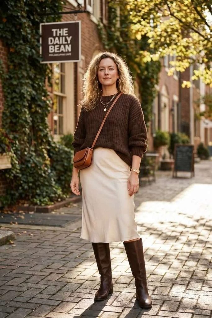 17 Fall Outfits with Boots That Make Getting Dressed Feel So Much Easier 16 Satin Skirt Oversized Knit and Boots