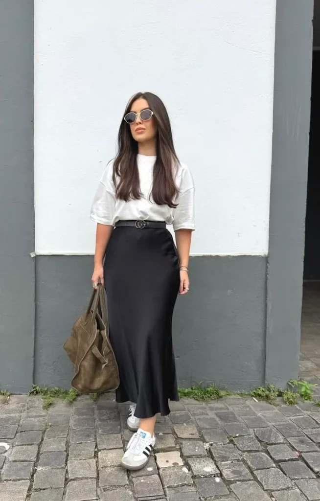 15 Early Fall Outfits That Make the Seasonal Style Switch Feel Effortless 8 Satin Skirt With a Basic T Shirt