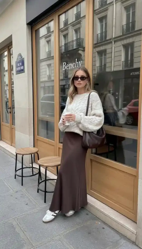 Cozy, Chic, and Easy: 17 Fall Fashion Outfits Ideas You’ll Want to Recreate 15 Satin Skirt With a Chunky Sweater