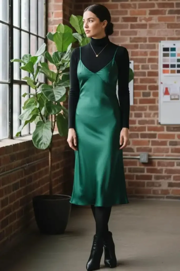 Dress Season Isn’t Over: 15 Fall Outfits Dress Lovers Will Adore 4 Satin Slip Dress Over a Thin Turtleneck