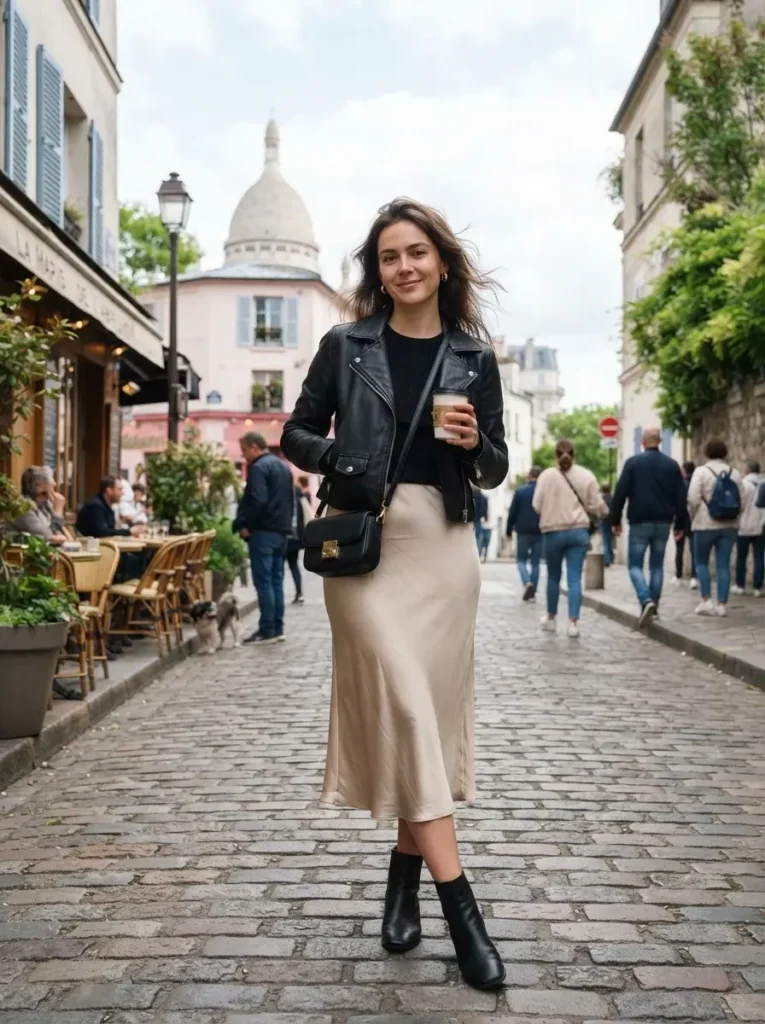 14 Midsize Fall Outfits That Actually Fit Real Life 6 Satin slip skirt fitted ribbed top cropped leather jacket
