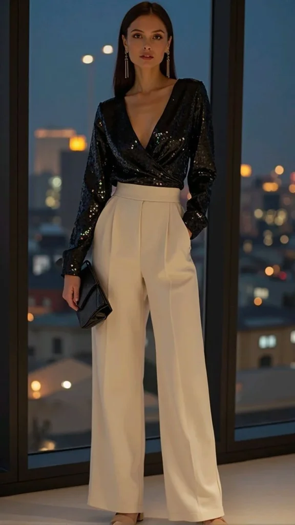 Your Cozy Season Style Guide: 16 Plus Size Outfits for Fall 16 Sequin Camisole With High Rise Tuxedo Pants