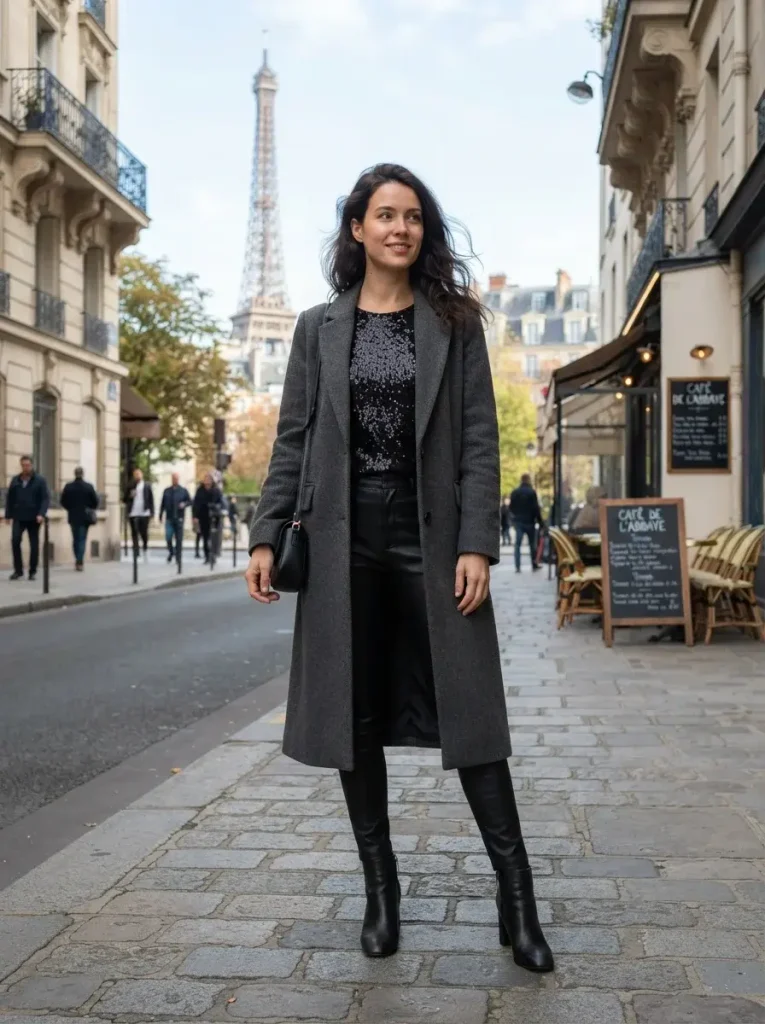 Sequin Top Leather Pants Under a Long Wool Coat