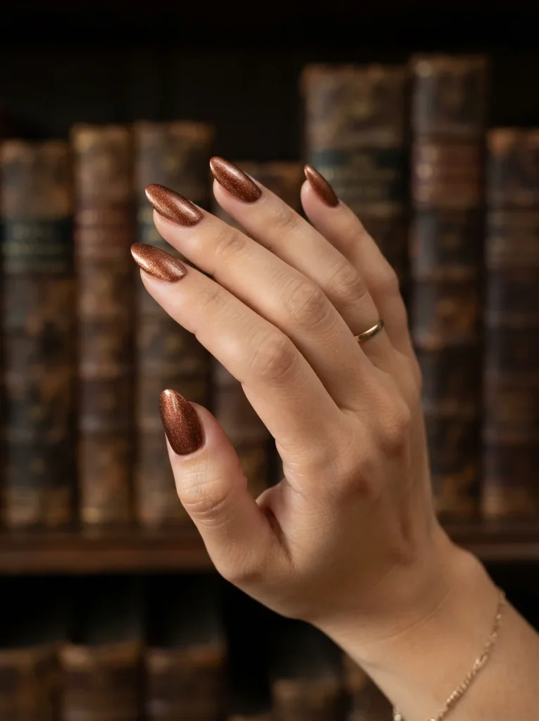17 Brown Fall Nails That Look Expensive, Cozy, and Perfect for Autumn 12 Shimmering Cinnamon Brown Fall Nails